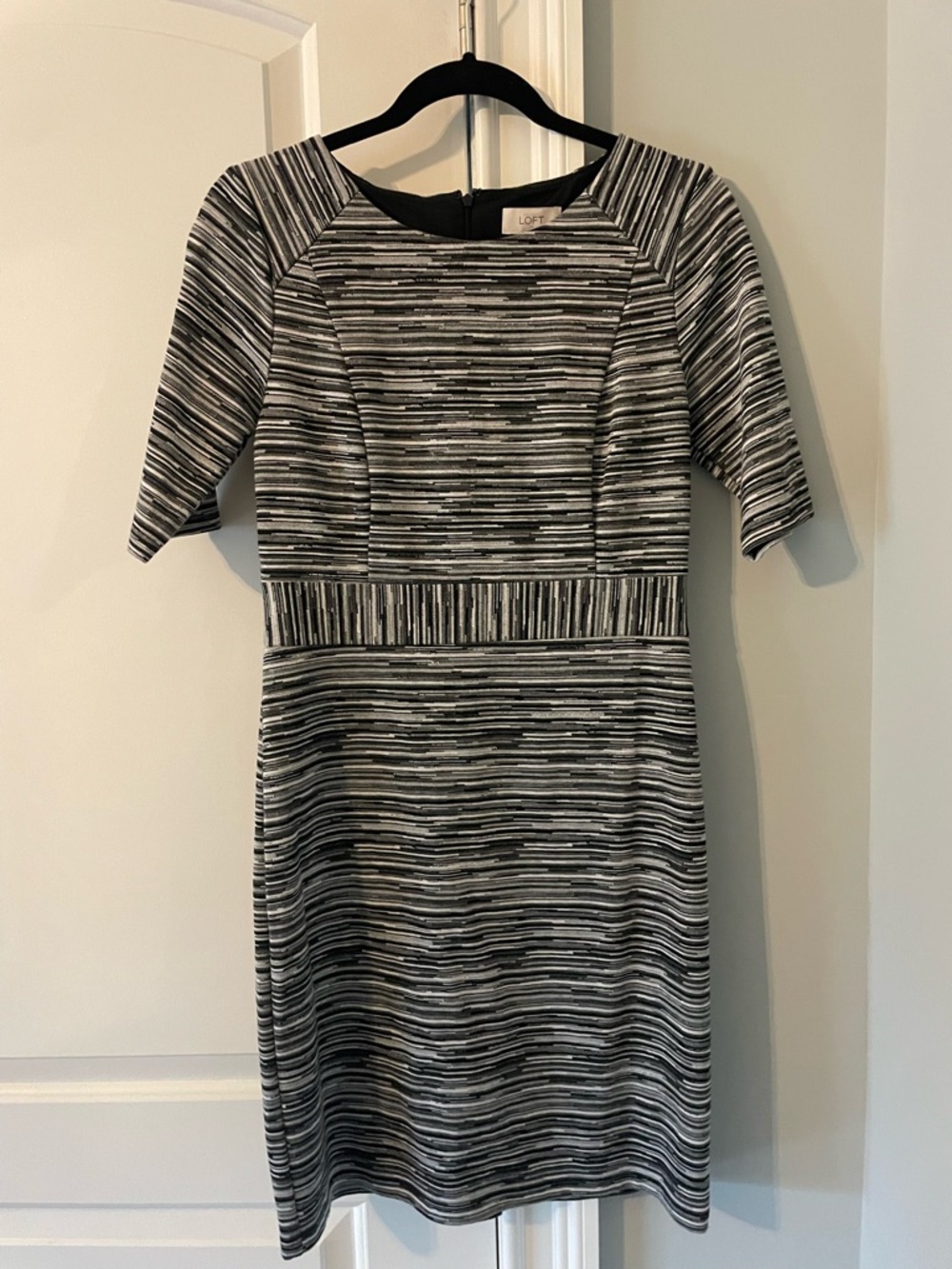 LOFT Black and White Striped Midi Sheath Dress with Waist Panel